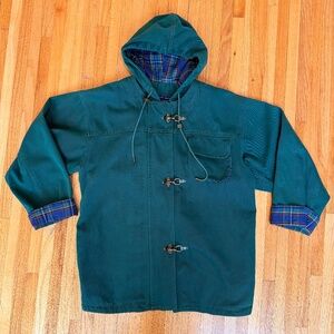 Vintage Green Hooded Toggle Jacket Plaid Lining